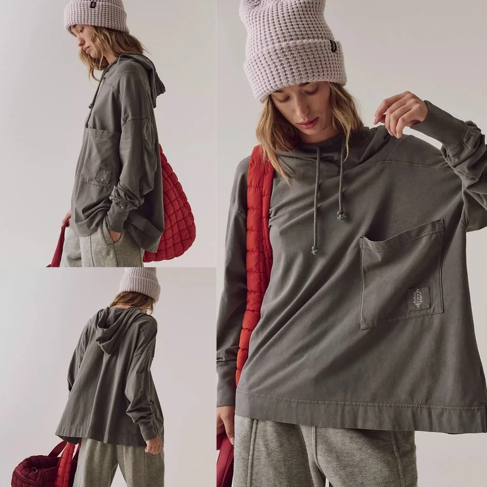 Free People FP Movement Hot Shot Hooded Layer in Gunmetal Grey - S